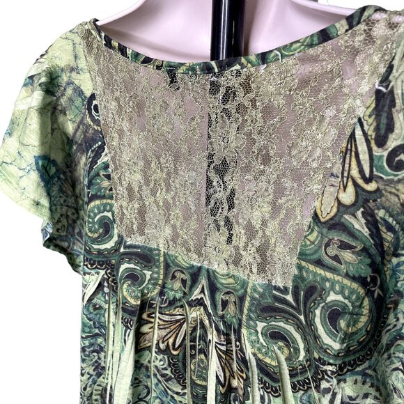 Womens Top Embroidered Bib Lace Back Tie Die Blouse u Green Size XL Boho Shirt E - Picture 6 of 7